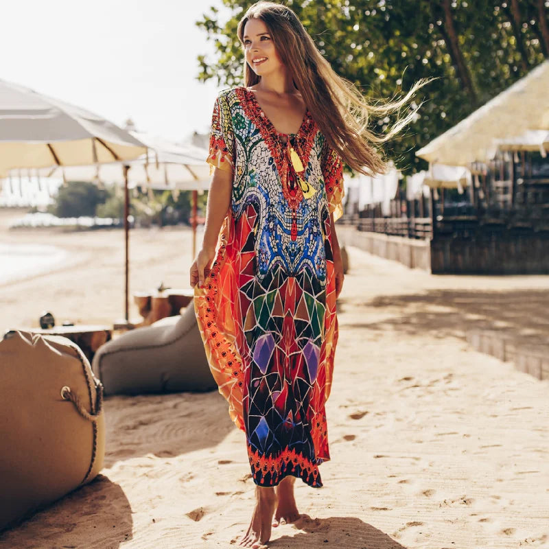 2023 Bohemian Printed V-neck Batwing Sleeve Long Loose Summer Dress For Women Clothes  Streetwear Moroccan Caftan Q831