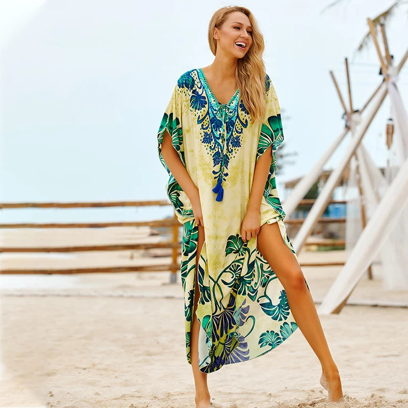 2023 Bohemian Printed V-neck Batwing Sleeve Long Loose Summer Dress For Women Clothes  Streetwear Moroccan Caftan Q831