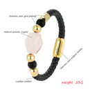 the HOLOGRAM - Geometric Natural Pink Crystal Energy Bracelet, Stainless Steel Leather Rope Bracelet
