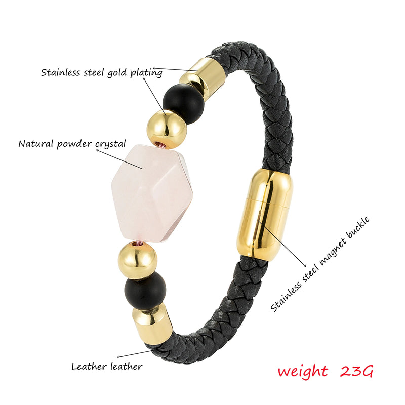 Geometric Natural Pink Crystal Energy Bracelet OL Style New Design 316L Stainless Steel Leather Rope Ladies Bracelet