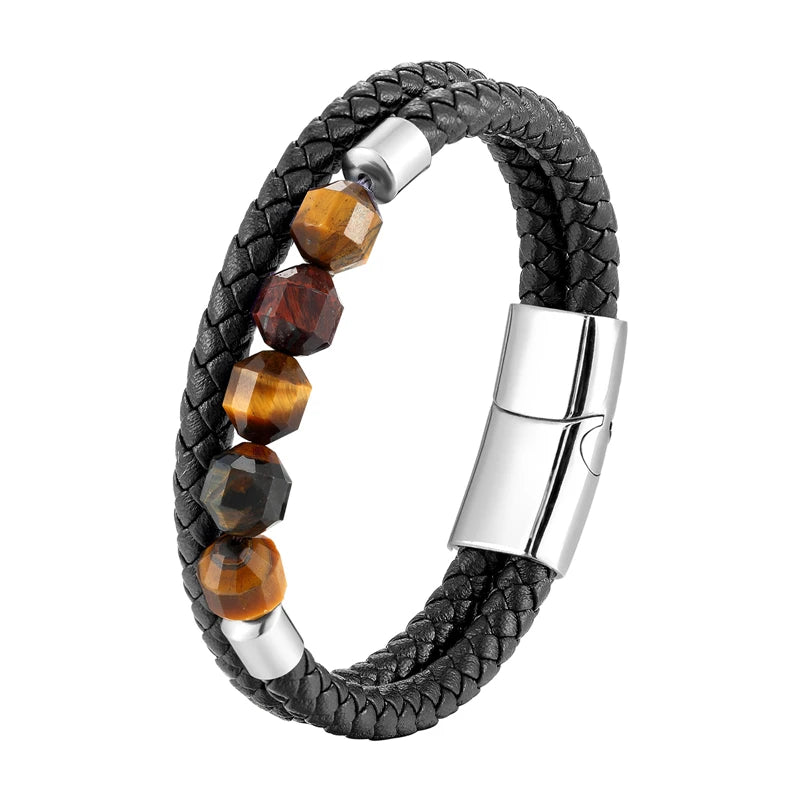 New 10mm Cut Corner Natural Tiger's Eye Energy Bracelet Sweet And Romantic Couple Double-Layer Leather Rope 316 Stainless S