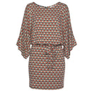 the OFFICE CHIC - Sexy Bodycon Wide Sleeve Vintage Print Casual O-Neck Keyhole Back Hollow Out Sashes Mini Dress