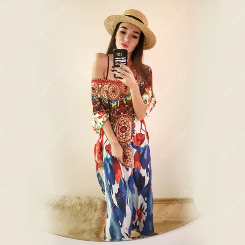 2023 Bohemian Printed V-neck Batwing Sleeve Long Loose Summer Dress For Women Clothes  Streetwear Moroccan Caftan Q831