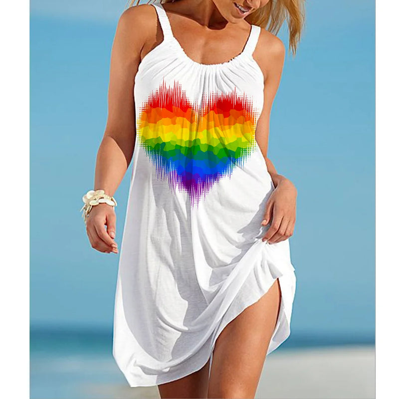 Rainbow Painting Print Women's Fashion Dress Midi Summer Sexy Beach Dress Bohemian Sleeveless Party Dresses Elegant Sundress Hem