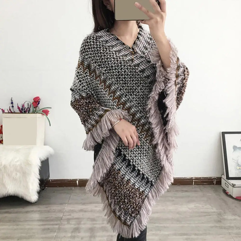 Women Cape Coat Temperament Bohemian Thick for Daily Wear Poncho Coat Autumn Knitted Coat