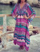 the BOHO KAFTAN - Bohemian Printed V-Neck Batwing Sleeve Long Loose Summer Moroccan Kaftan Dress for Women