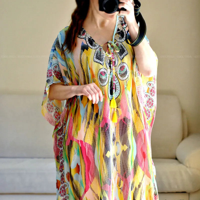 2023 Bohemian Printed V-neck Batwing Sleeve Long Loose Summer Dress For Women Clothes  Streetwear Moroccan Caftan Q831