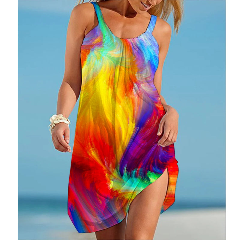 Rainbow Painting Print Women's Fashion Dress Midi Summer Sexy Beach Dress Bohemian Sleeveless Party Dresses Elegant Sundress Hem