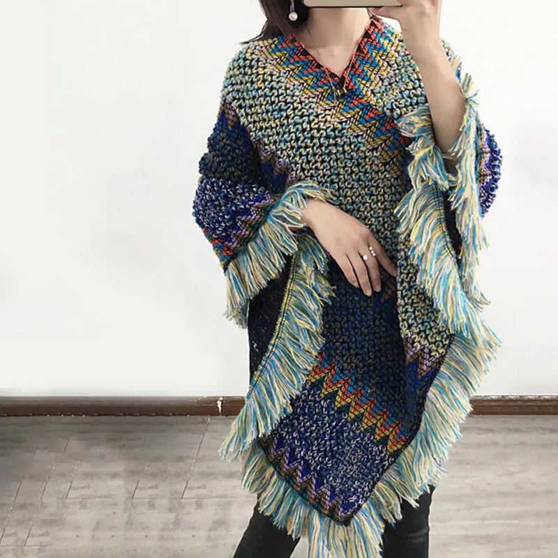 Women Cape Coat Temperament Bohemian Thick for Daily Wear Poncho Coat Autumn Knitted Coat