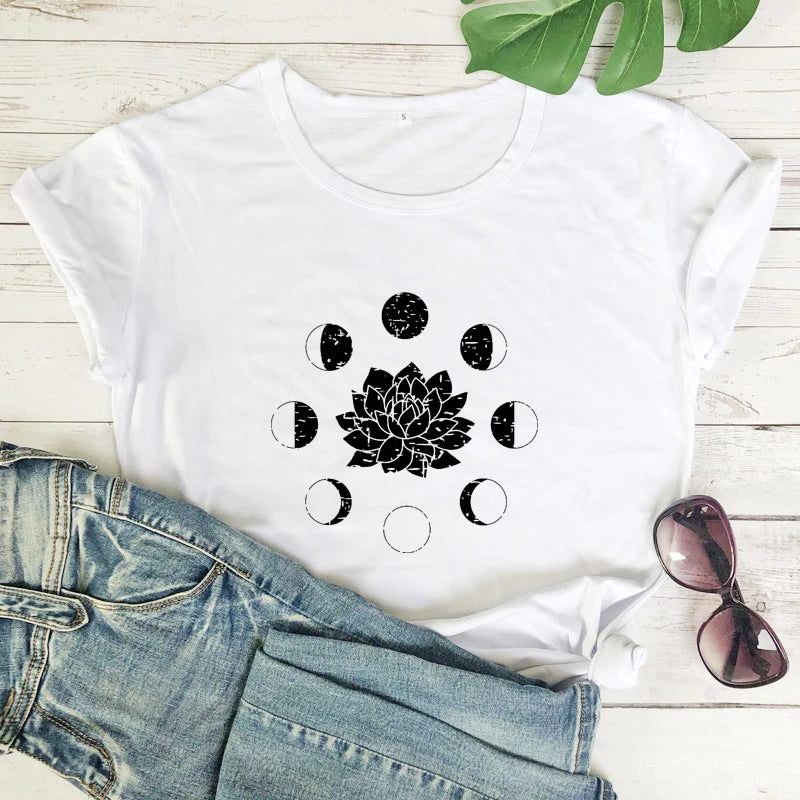 Mystical Moon Phases Lotus Flower T-shirt Aesthetic Women Spiritual Yoga Tshirt Funny Astrology Hippie Graphic Tees Tops