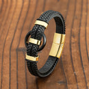 the BLACK AGATE - New Circle Natural Black Agate Charm Jewelry, Men's Bracelet, 3 Wavy Design Leather Rope Stainless Steel Bracelet Gift