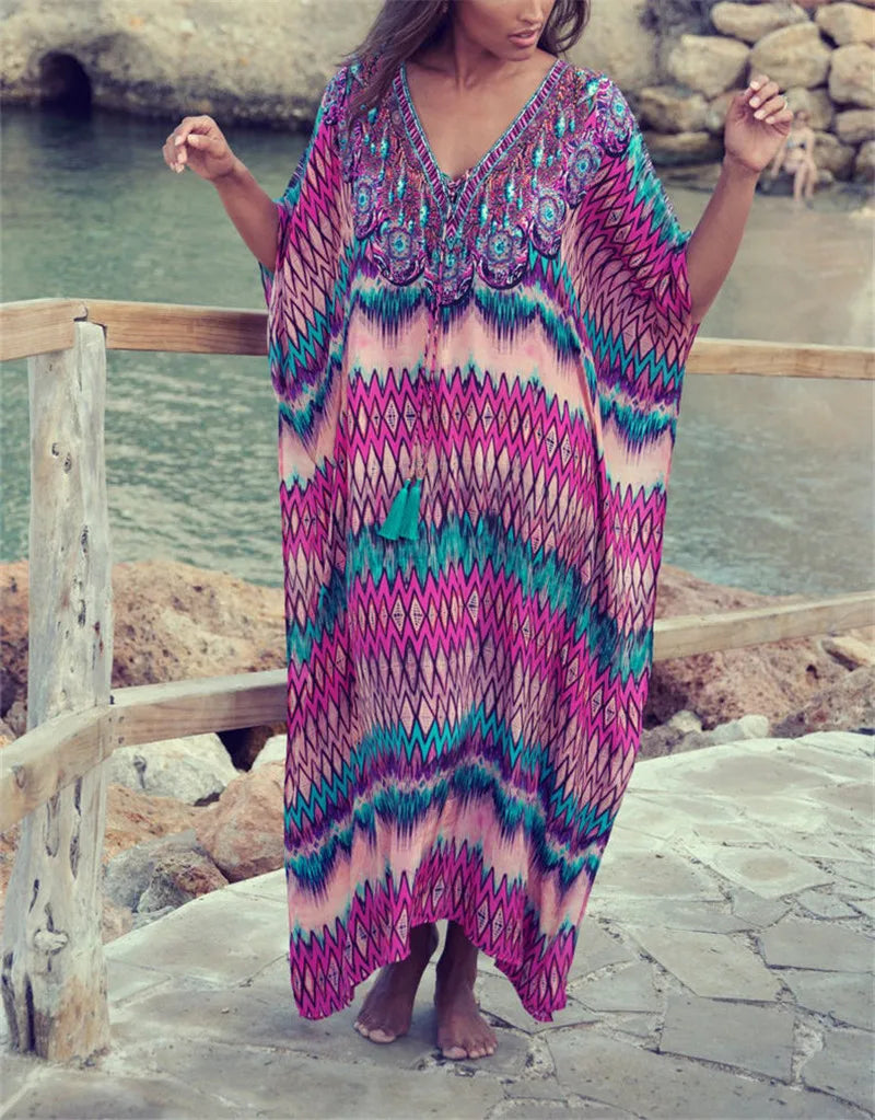 2023 Bohemian Printed V-neck Batwing Sleeve Long Loose Summer Dress For Women Clothes  Streetwear Moroccan Caftan Q831