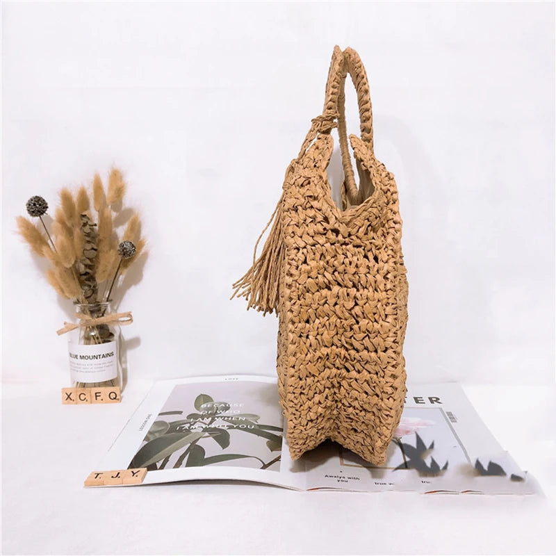 the WOVEN BAG - Straw Bag Rattan Woven Round Tassel Handbag for Women, Large Capacity Shoulder Tote Purse, Ladies Holiday Wood Handle Shopping Bag