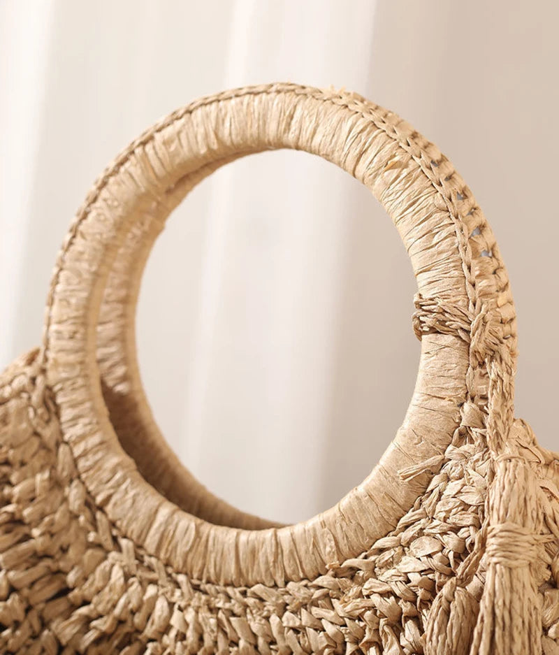 the WOVEN BAG - Straw Bag Rattan Woven Round Tassel Handbag for Women, Large Capacity Shoulder Tote Purse, Ladies Holiday Wood Handle Shopping Bag