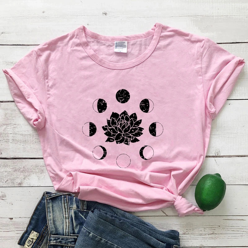 Mystical Moon Phases Lotus Flower T-shirt Aesthetic Women Spiritual Yoga Tshirt Funny Astrology Hippie Graphic Tees Tops