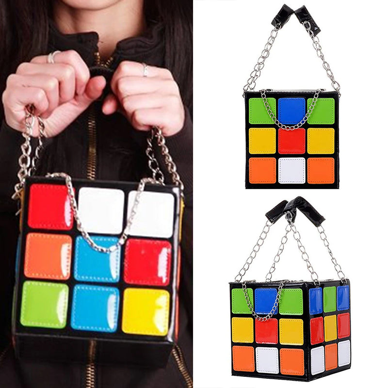 the RUBIX CUBE - Chic Cubic Shape Box Women Handbags, Designer Chains Totes, Luxury Pu Leather Messenger Bag, Ladies Personality Small Purses