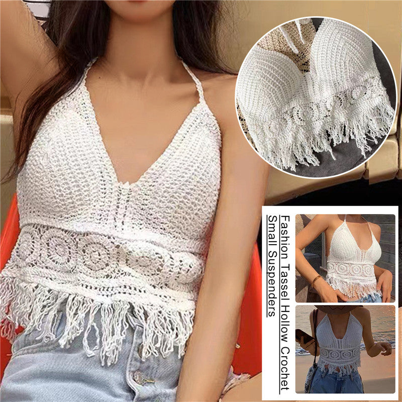 Women Summer Short Vest Sexy Hollow Out Vest Knitted Tassel Crop Tops Bohemian Style Beach Bikini Tank Tops Shirt Hot Tank Top