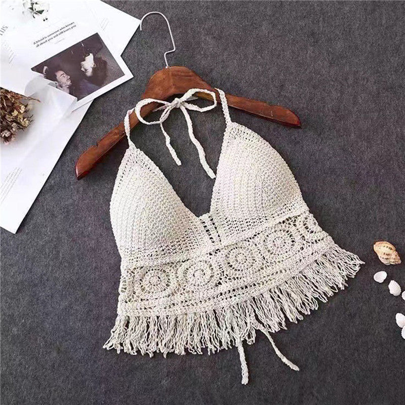 Women Summer Short Vest Sexy Hollow Out Vest Knitted Tassel Crop Tops Bohemian Style Beach Bikini Tank Tops Shirt Hot Tank Top