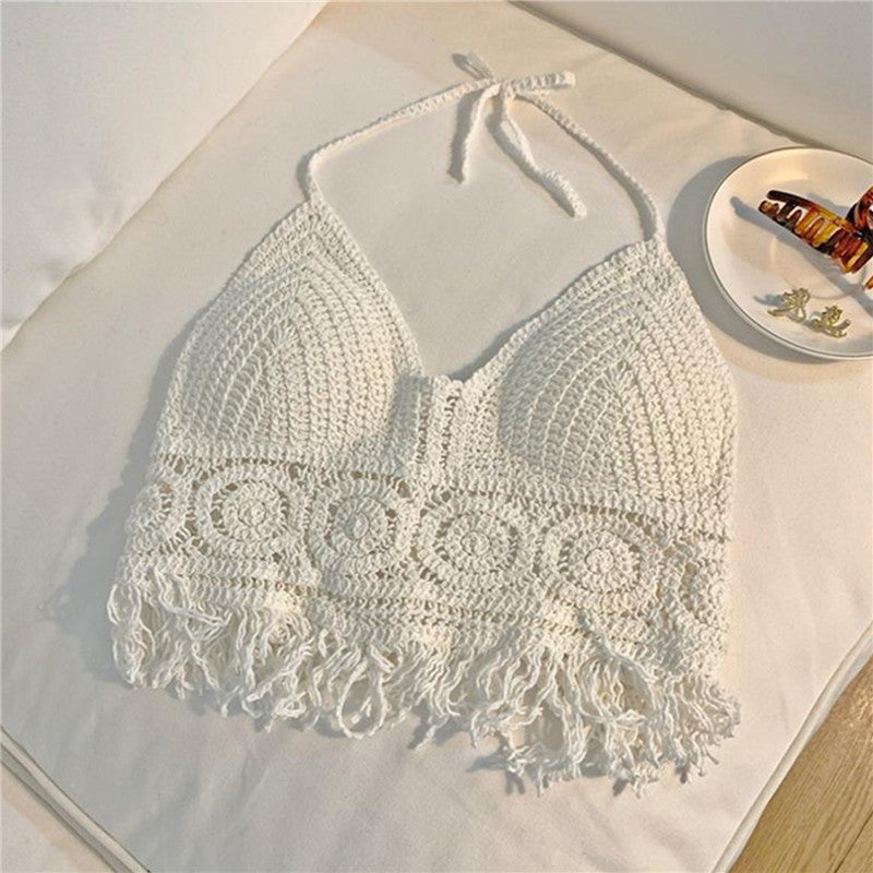 Women Summer Short Vest Sexy Hollow Out Vest Knitted Tassel Crop Tops Bohemian Style Beach Bikini Tank Tops Shirt Hot Tank Top