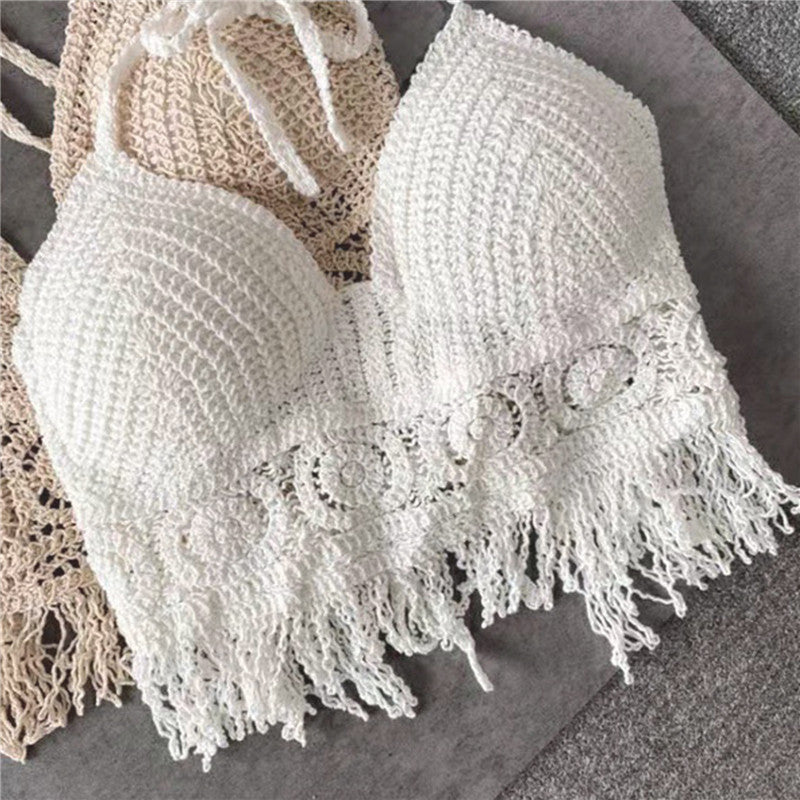 Women Summer Short Vest Sexy Hollow Out Vest Knitted Tassel Crop Tops Bohemian Style Beach Bikini Tank Tops Shirt Hot Tank Top