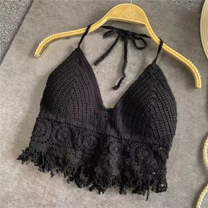 Women Summer Short Vest Sexy Hollow Out Vest Knitted Tassel Crop Tops Bohemian Style Beach Bikini Tank Tops Shirt Hot Tank Top