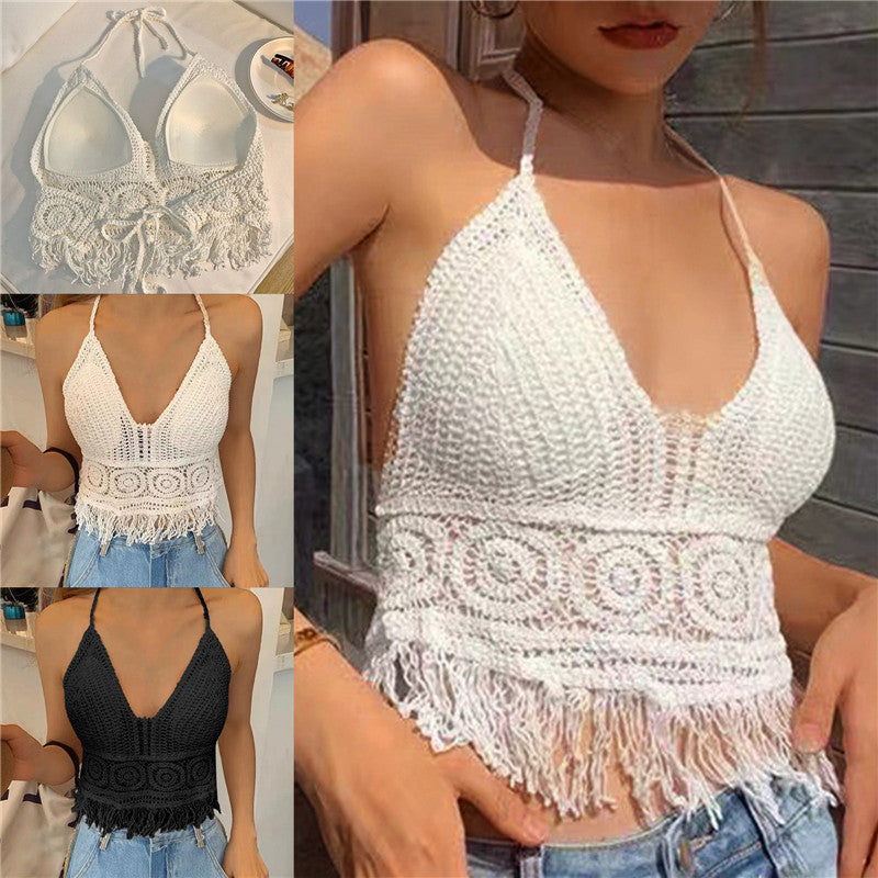 Women Summer Short Vest Sexy Hollow Out Vest Knitted Tassel Crop Tops Bohemian Style Beach Bikini Tank Tops Shirt Hot Tank Top