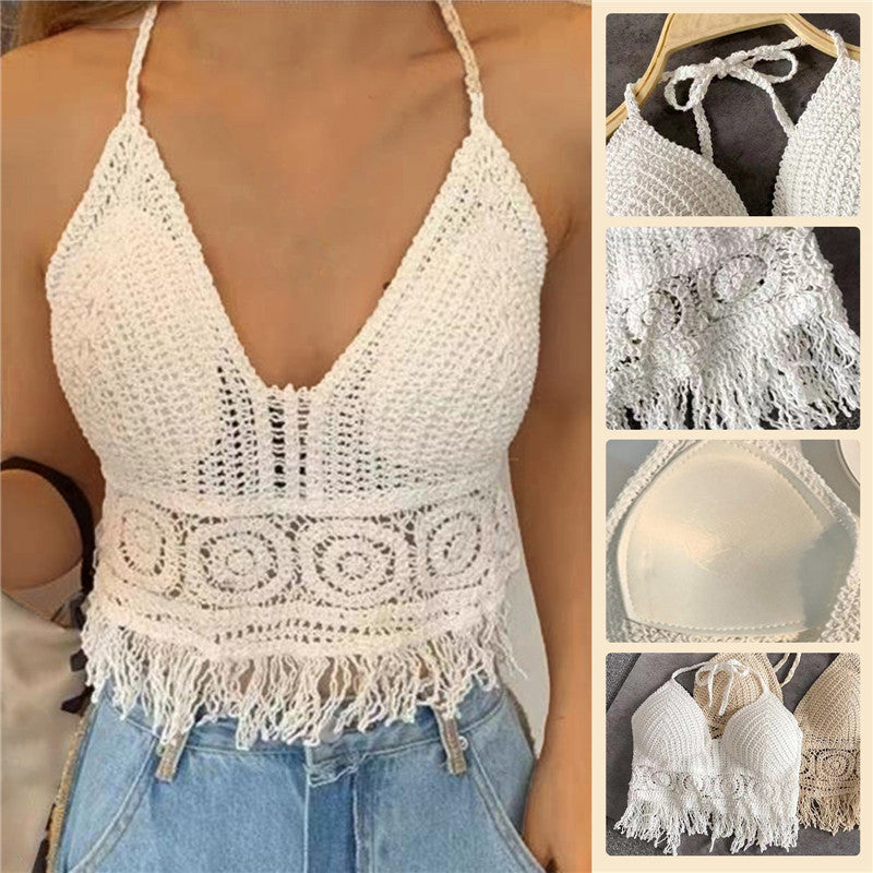 Women Summer Short Vest Sexy Hollow Out Vest Knitted Tassel Crop Tops Bohemian Style Beach Bikini Tank Tops Shirt Hot Tank Top