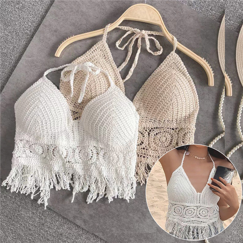 Women Summer Short Vest Sexy Hollow Out Vest Knitted Tassel Crop Tops Bohemian Style Beach Bikini Tank Tops Shirt Hot Tank Top