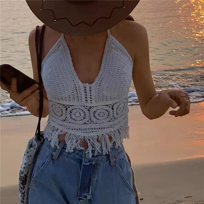 Women Summer Short Vest Sexy Hollow Out Vest Knitted Tassel Crop Tops Bohemian Style Beach Bikini Tank Tops Shirt Hot Tank Top