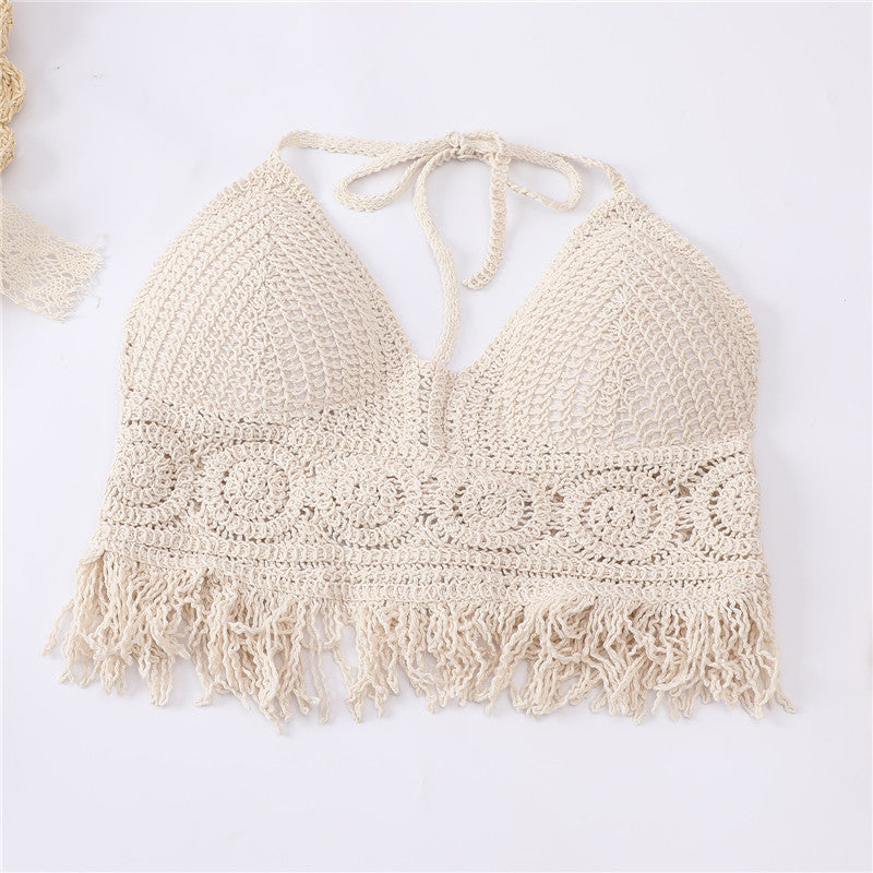 Women Summer Short Vest Sexy Hollow Out Vest Knitted Tassel Crop Tops Bohemian Style Beach Bikini Tank Tops Shirt Hot Tank Top