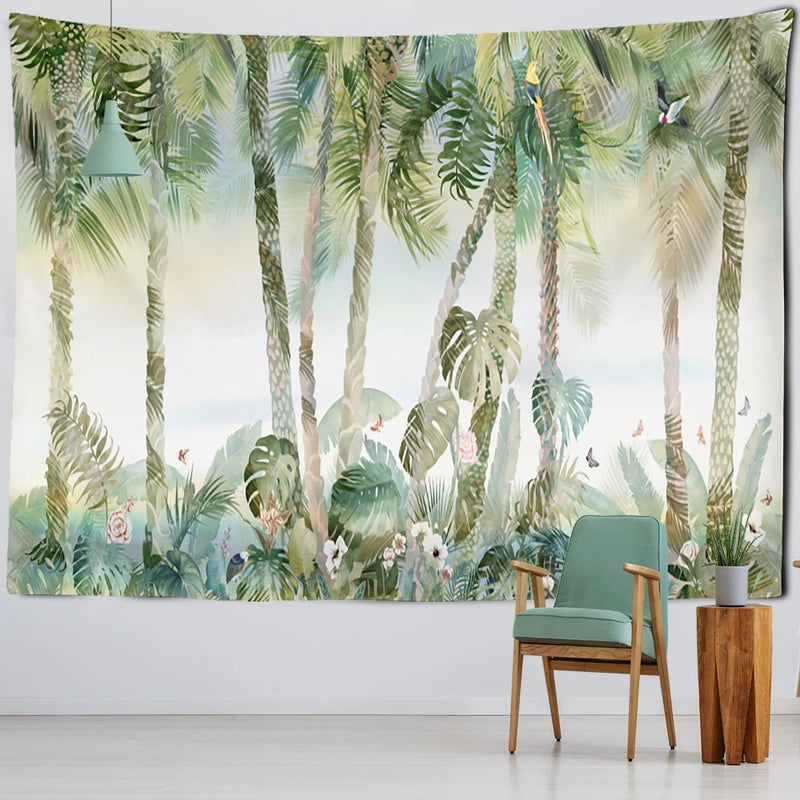 the JUNGLE - Tropical Plants Banana Leaf Tapestry Wall Hanging, Boho Home Room Decor