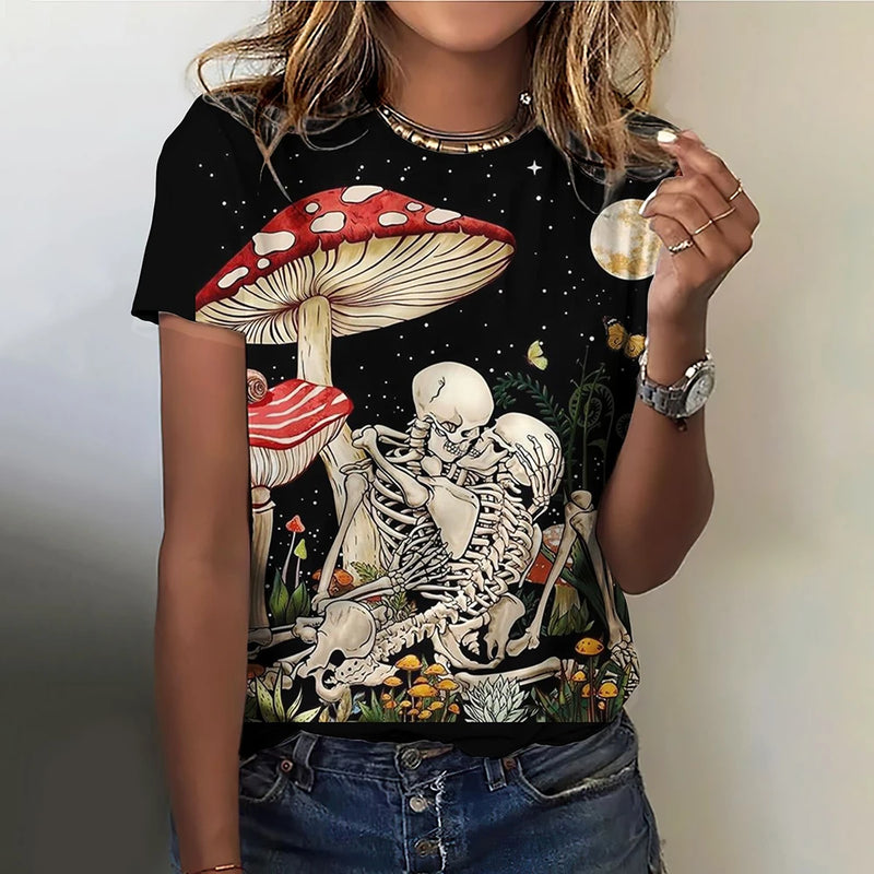 Funny Women's T-shirts Skulls Print Casual O-neck Short Sleeves Female Clothing Tops Mushroom Pattern Loose Tees Streetwear