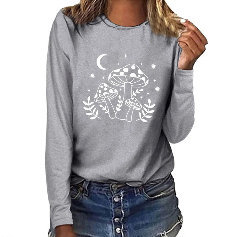 Seeyoushy Mushroom Moon Print Interesting Printed Ladies Top Y2K Harajuku Long Sleeve Ladies T-shirt 2023 New Women's Clothing