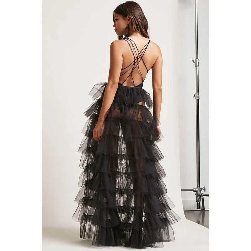 Women Long High Low Ruffles Tulle Skirt Solid Color Mesh Tied-Up Irregular Floor-Length Party Train Overskirt Cover Ups