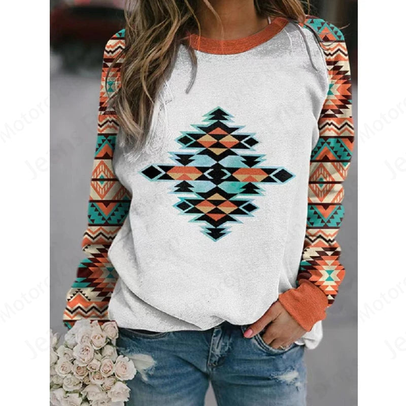 Ethnic Feather 3d Print Crew Neck Hoodie Women Fashion Casual Vintage Hoodies Women Sweats Hooded Coat Clothes Femme Sudadera