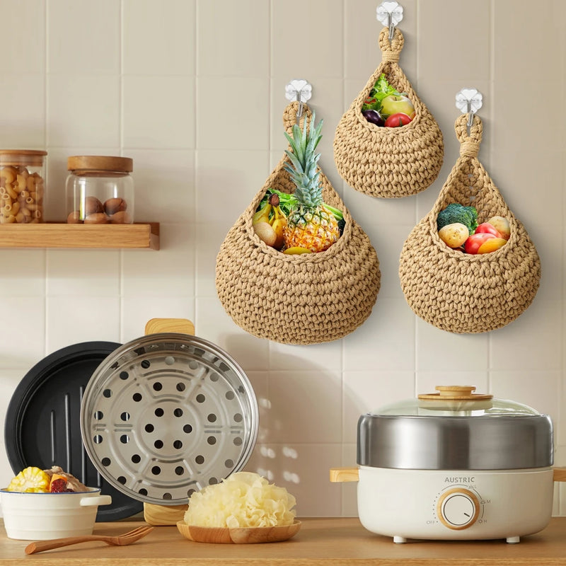 the WOVEN - 1PC Hanging Fruit Basket, Boho Jute Hanging Organizing Baskets, Handwoven Decorative Kitchen Fruit Vegetable Storage Baskets