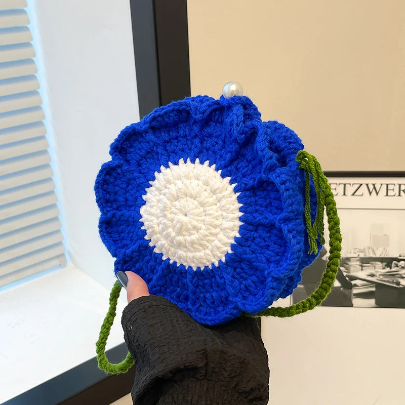 the KNITTED FLOWER - New Fashion Sunflower Pattern Women's Mini Knitted Handbag, Female Woven Shopper Purse, Lovely Design Chain Shoulder Crossbody Bag