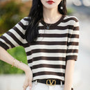 the CASHMERE - Sweater Short Sleeved Striped Sweater Pullover Knitted Cashmere Sweater for Women