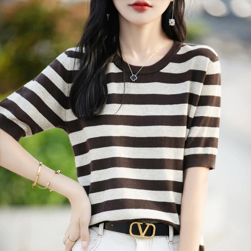 2024 women's cashmere sweater women's short sleeved striped sweater pullover vest T-shirt knitted cashmere sweater