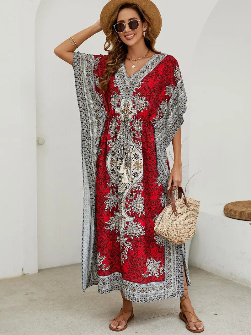 Bohemian V-neck Short Sleeve Beach Smock Dress Women 2023 Summer Loose Casual Sunscreen Print Boho Long Dresses For Women