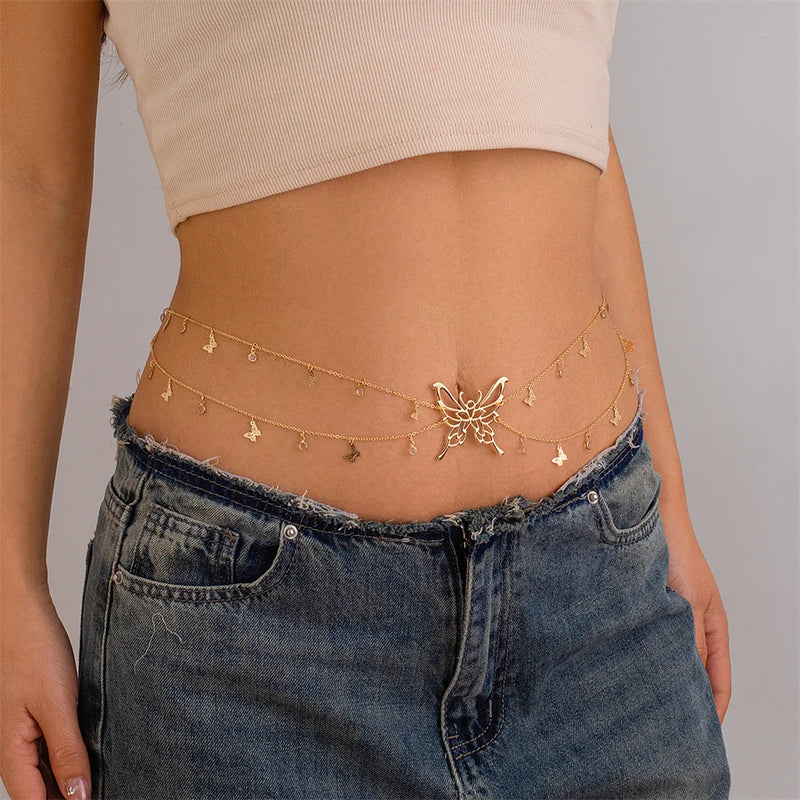 the BUTTERFLY BODY - Boho Sexy Hollow Butterfly Waist Belly Belt Chain for Women, Summer Bikini Crystal Tassel Pendant Link Body Jewelry Gift