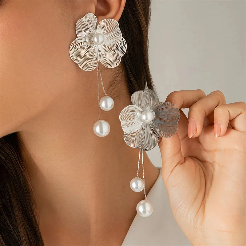 the FLOWER CHILD - Romantic Flower Petal Long Tassel Drop Earrings for Women, Imitation Pearl Hanging Piercing Earrings Jewelry Gift