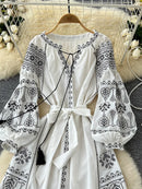 the INDIE BOHO - Bohemian Retro Ethnic Style Spring Autumn Embroidered Lace Up Lantern Sleeves Waist Cinching Long Dress