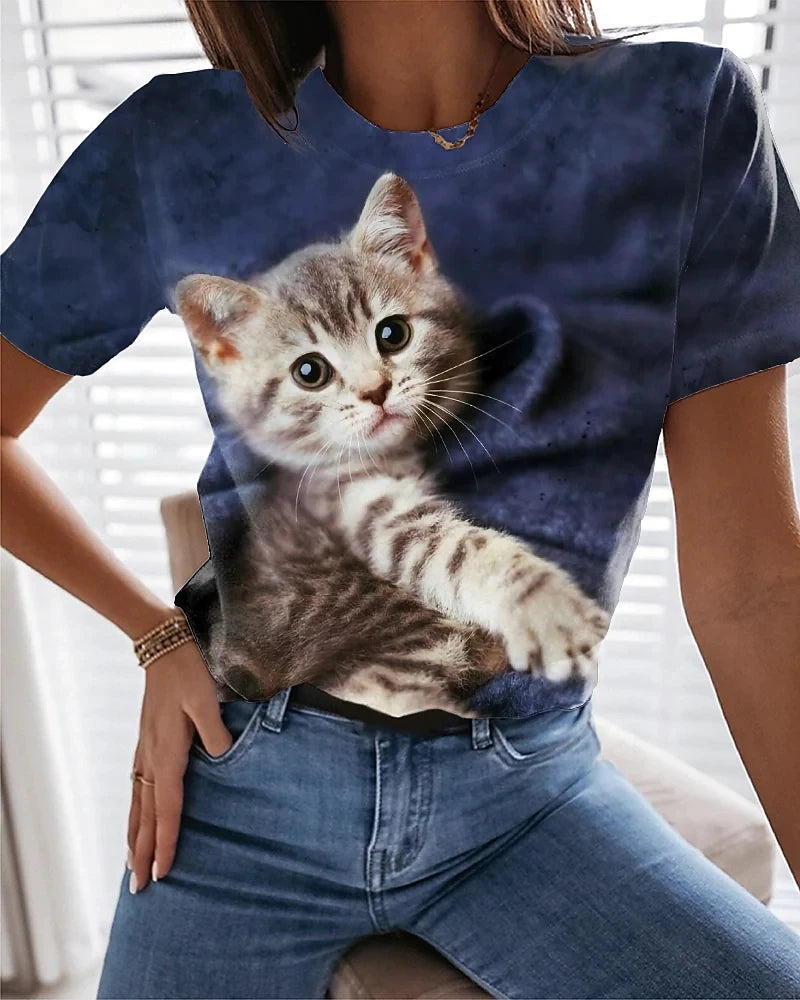 New Summer 3D Printing T-Shirt for Women Cute Cat Fashion Tee 2022 New Harajuku Animal Short Sleeve Oversized Clothing Camiseta