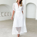 the BROCADE BOHO - Elegant Summer Hollow Out Slim Beach Long Lace Maxi Dress V Neck Puff Sleeve High Waist Dress