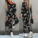the ALPHA - Spring/Autumn Fashion One Shoulder Long Sleeve Pure Cotton Printing Letter Women's Pant Suits