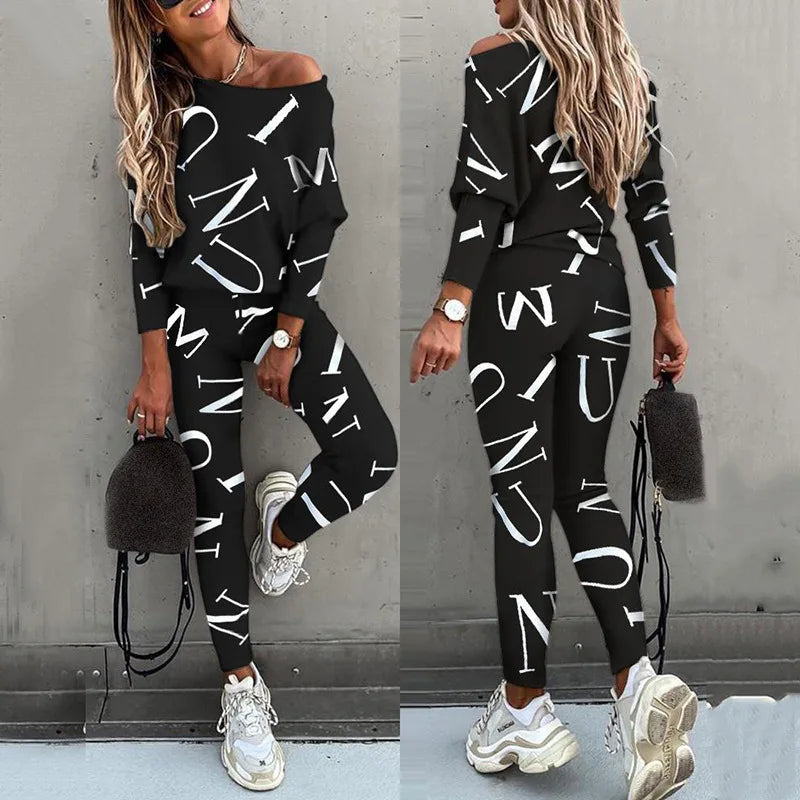 Spring Autumn Fashion One Shoulder Long Sleeve Pure Cotton Printing Letter Women's Clothing Korean Trend Bound Feet Pant Suits