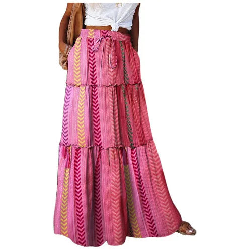 New Long Skirt Retro Skirt Loose Casual High Waist Skirt Bohemian Style Patchwork Pleated Pocket Skirt