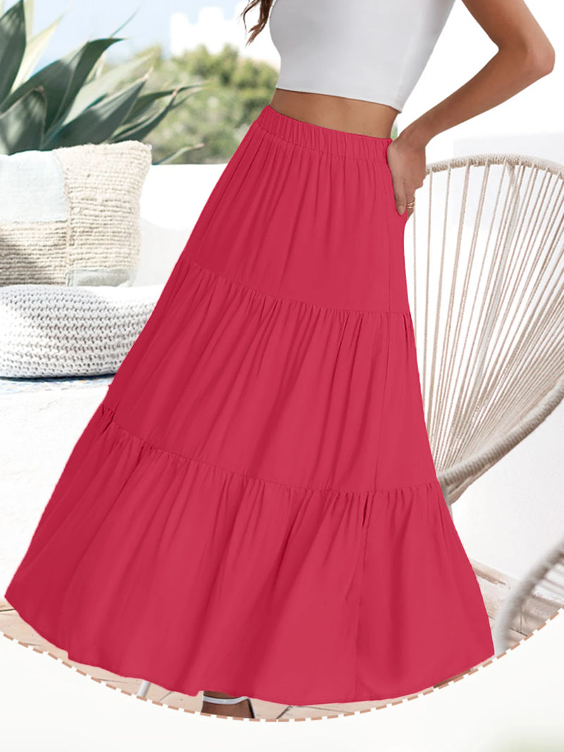 2024 Women's cross-border European and American summer Bohemian pleated A-line flowing swaying layered long skirt for wome