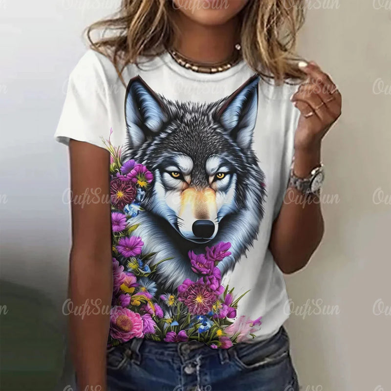 3d Wolf Print Women T-Shirts Summer Fashion Animal Gothic T-Shirt Short Sleeve O-Neck Hip Hop Tee Oversized Woman Clothing